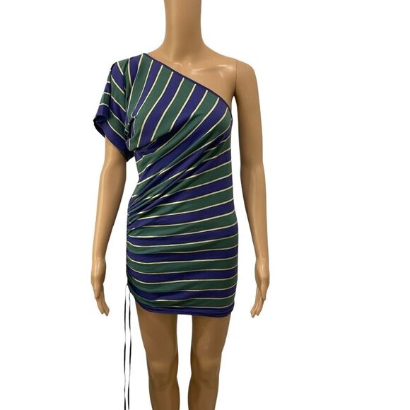 United Colors of Benetton One Shoulder Ruched Side Mini Dress. Green Multi. OS - Picture 1 of 12